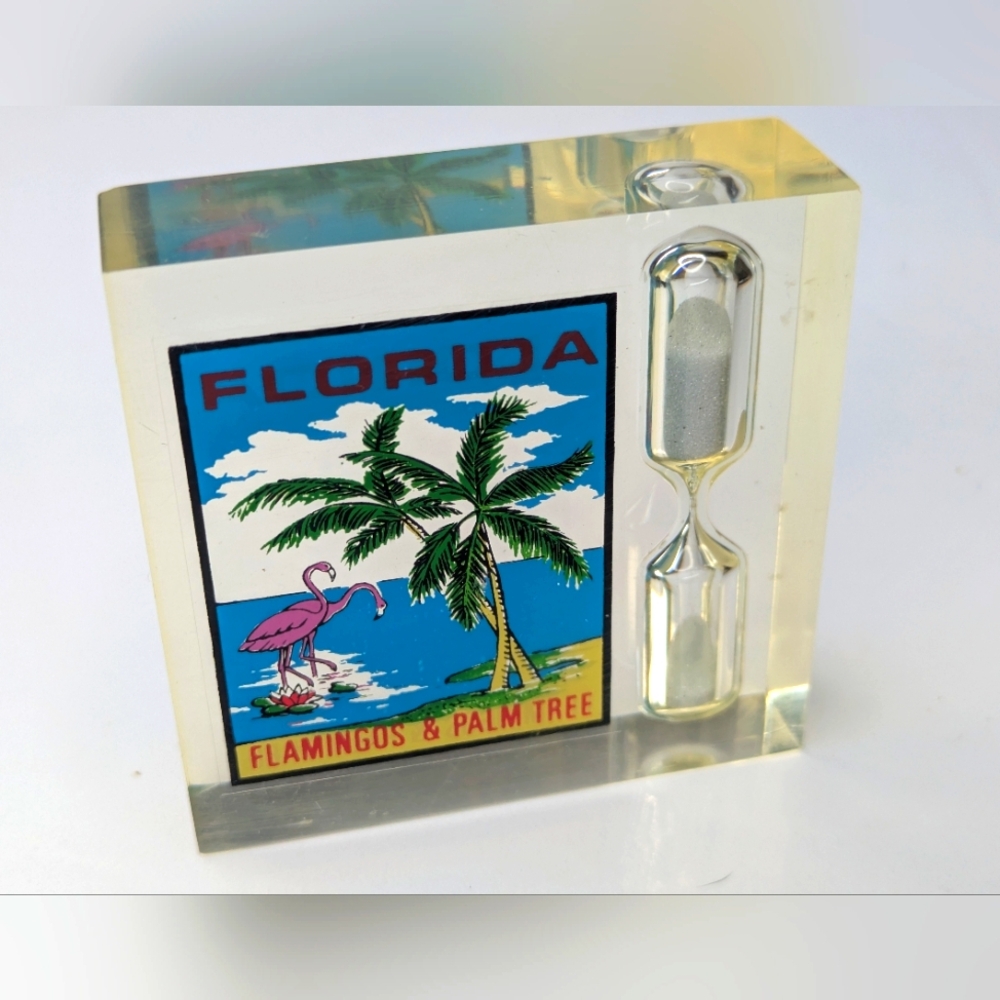 Vintage Florida Flamingos & Palm Tree Souvenir Paperweight with Hourglass ⌛